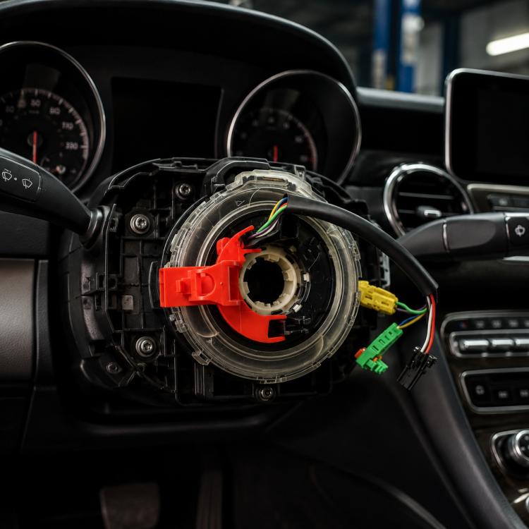 Steering wheel clock spring spiral cable with red lock and multicolor connectors in dashboard
