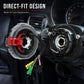 Steering wheel clock spring spiral cable pair: red lock on left, connector housing on right