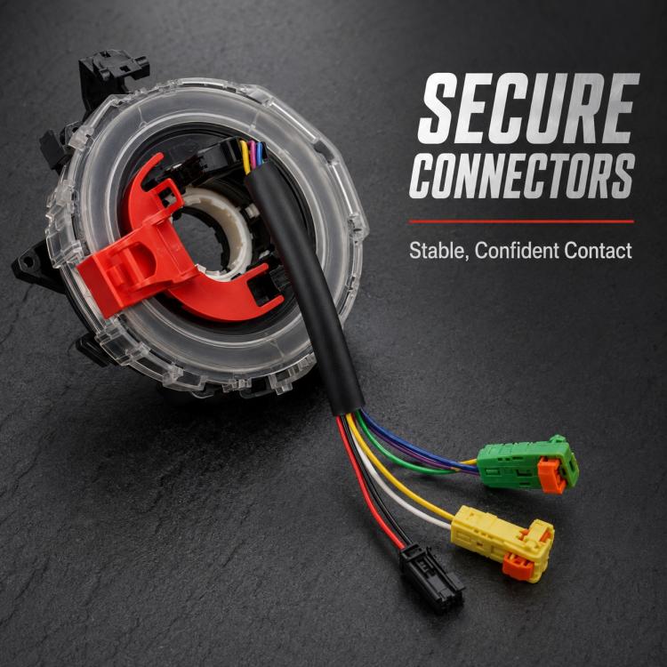Steering wheel clock spring spiral cable with red lock, secure clear housing, colored connectors