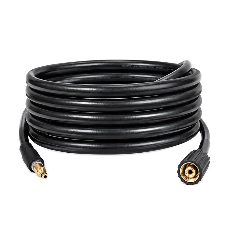 Coiled black rubber high-pressure washer water outlet hose with brass connector ends