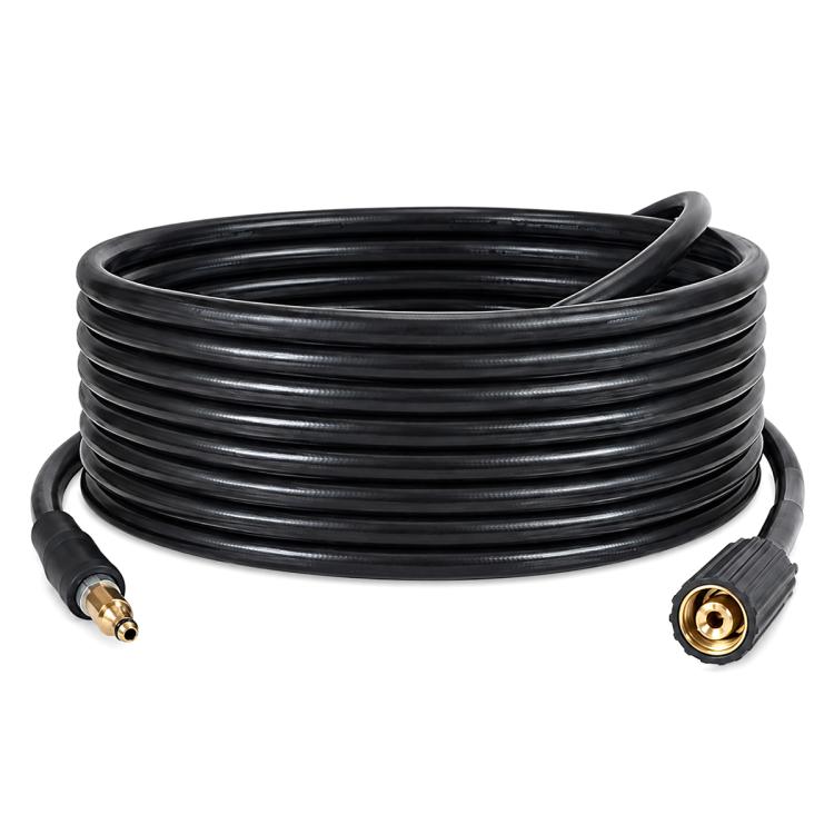Long black rubber high-pressure washer water outlet hose, coiled, with brass quick-connect