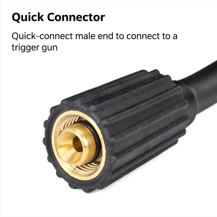 Close-up of brass quick-connect male fitting on black pressure washer hose
