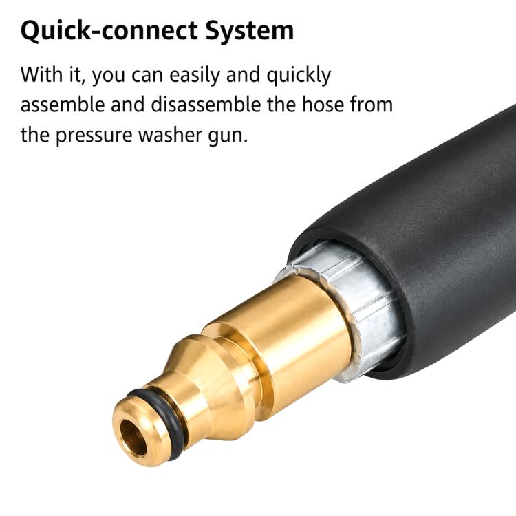 Close-up of brass quick-connect system coupling on black pressure washer hose
