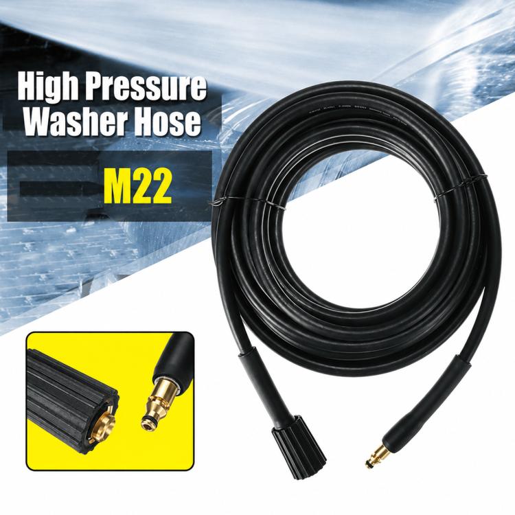 Black high-pressure washer hose coil with M22 connector ends