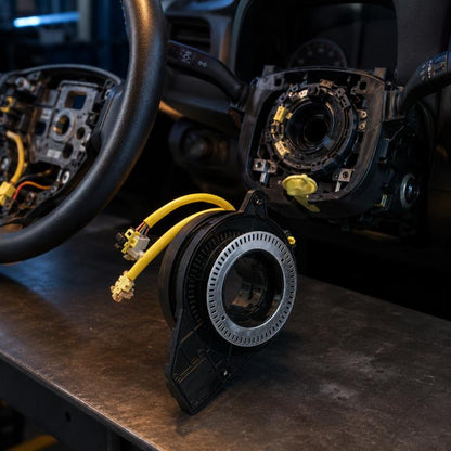 Steering wheel clock spring spiral cable assembly with yellow wiring and black housing