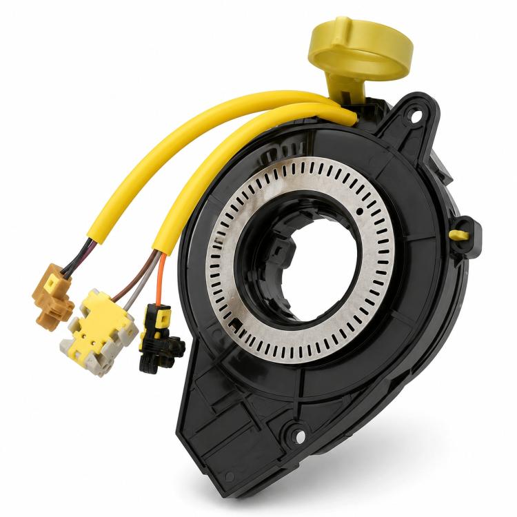 Steering wheel clock spring spiral cable with black circular housing and yellow leads
