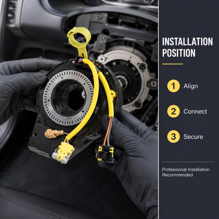 Steering wheel clock spring spiral cable being installed on steering column with yellow wires