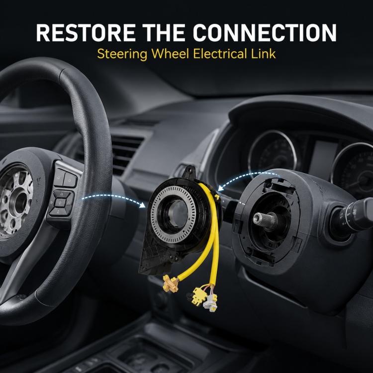 Steering wheel electrical link clock spring spiral cable with yellow wiring in dashboard