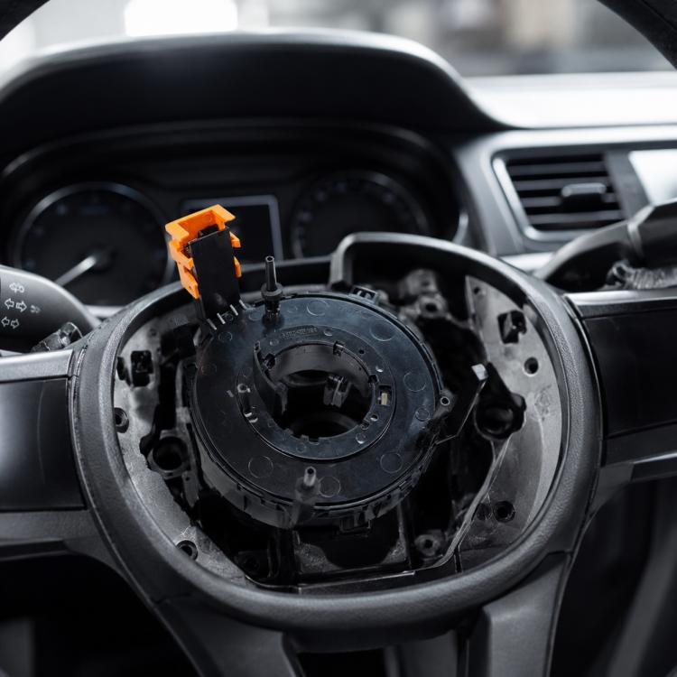 Steering wheel clock spring spiral cable module, black circular housing with orange connector