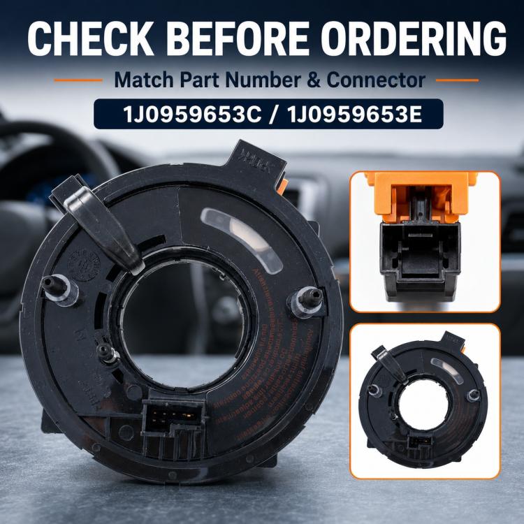 Steering wheel clock spring spiral cable module with orange connector and part-number labels