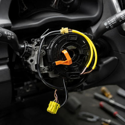 Steering wheel airbag clock spring spiral cable assembly with yellow wiring and orange clips