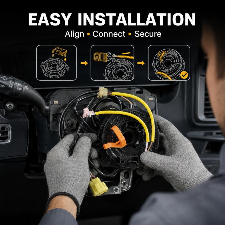Steering wheel airbag clock spring spiral cable connected near steering column