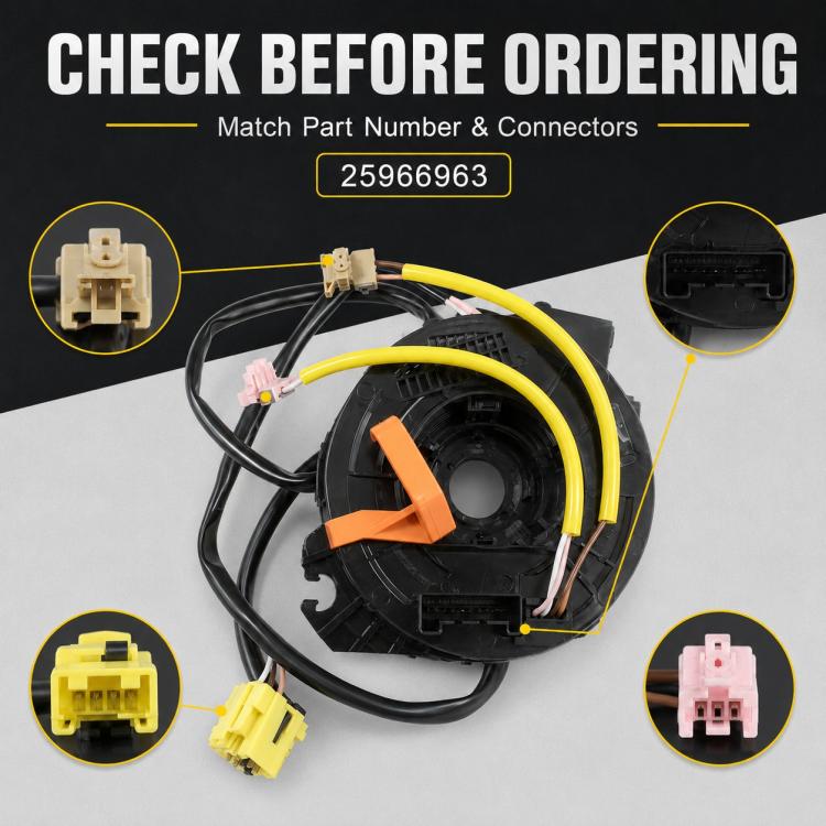 Steering wheel airbag clock spring spiral cable, part 25966963 with yellow wire connectors
