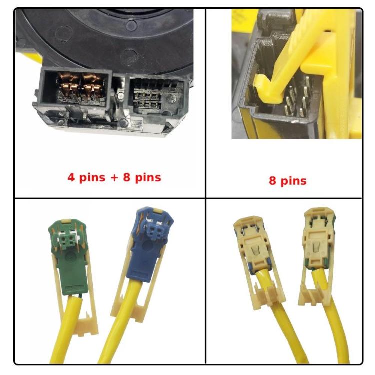 Clock spring connector pin layout: 4 pins + 8 pins and 8 pins with wire leads