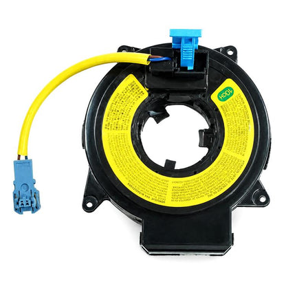 Steering wheel airbag clock spring with yellow label and blue connector plug