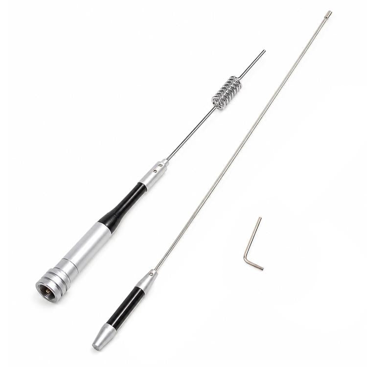 Dual antenna whips with loaded coil sections, black grip, and silver metal shafts.