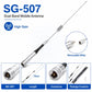 Dual-band mobile antenna with long metal whip, spring coil, and threaded base connector.