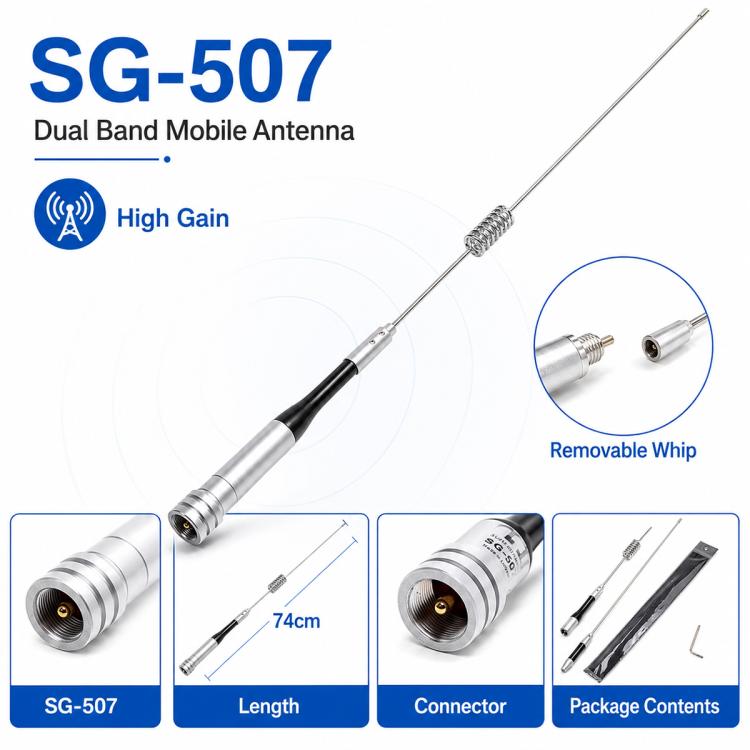 Dual-band mobile antenna with long metal whip, spring coil, and threaded base connector.