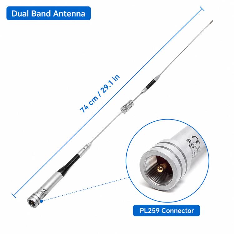 Dual-band antenna with 74 cm whip, spring coil, and PL259 plug connector.