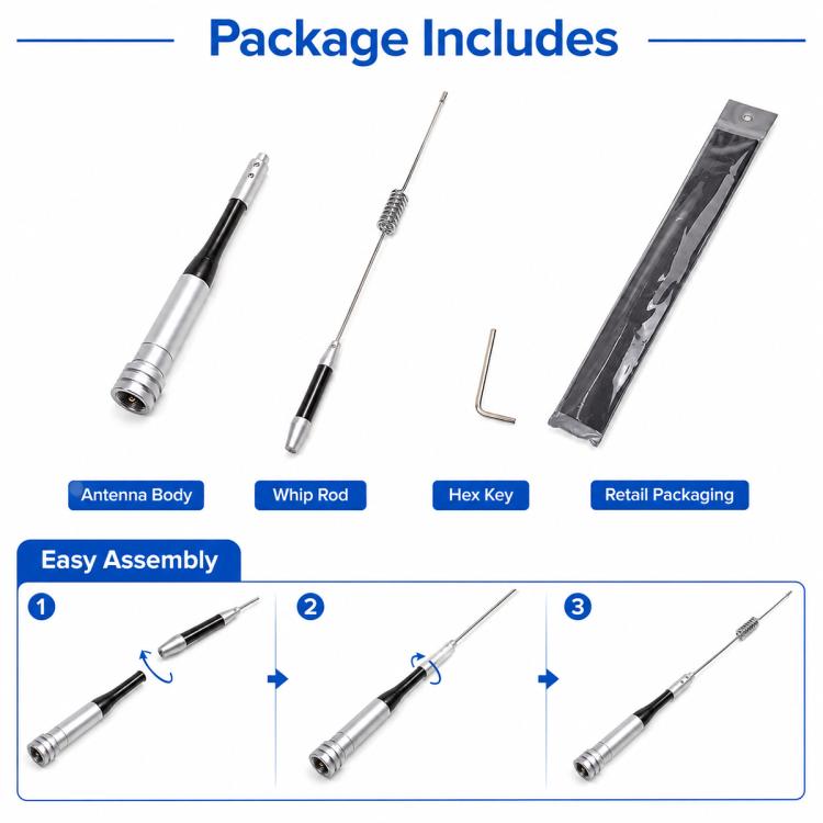 Antenna kit with antenna body, whip rod, hex key, and retail packaging sleeve.
