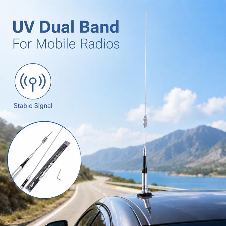 Long black-and-silver mobile radio antenna mounted on vehicle roof.