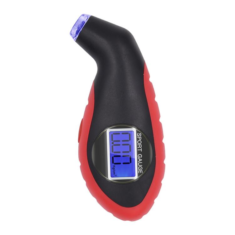 Digital tire pressure gauge tool with blue backlit display, black and red body