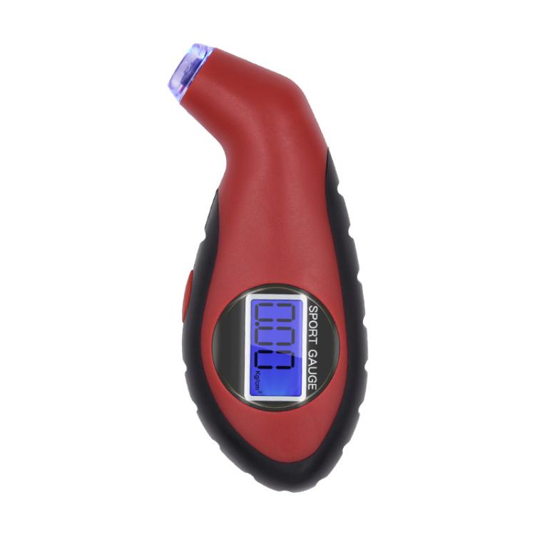 Digital tire pressure gauge tool with blue backlit display, red and black body