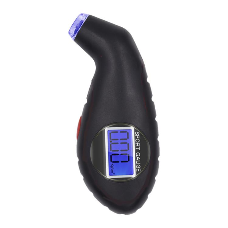 Digital tire pressure gauge tool with blue backlit display, black body with red accents