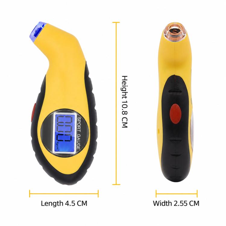Digital tire pressure gauge tool with blue backlit display, yellow and black