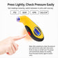 Yellow handheld tire pressure gauge with blue digital display and clear nozzle