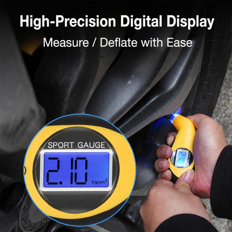 Digital tire pressure gauge tool with LCD screen, yellow body and blue backlight