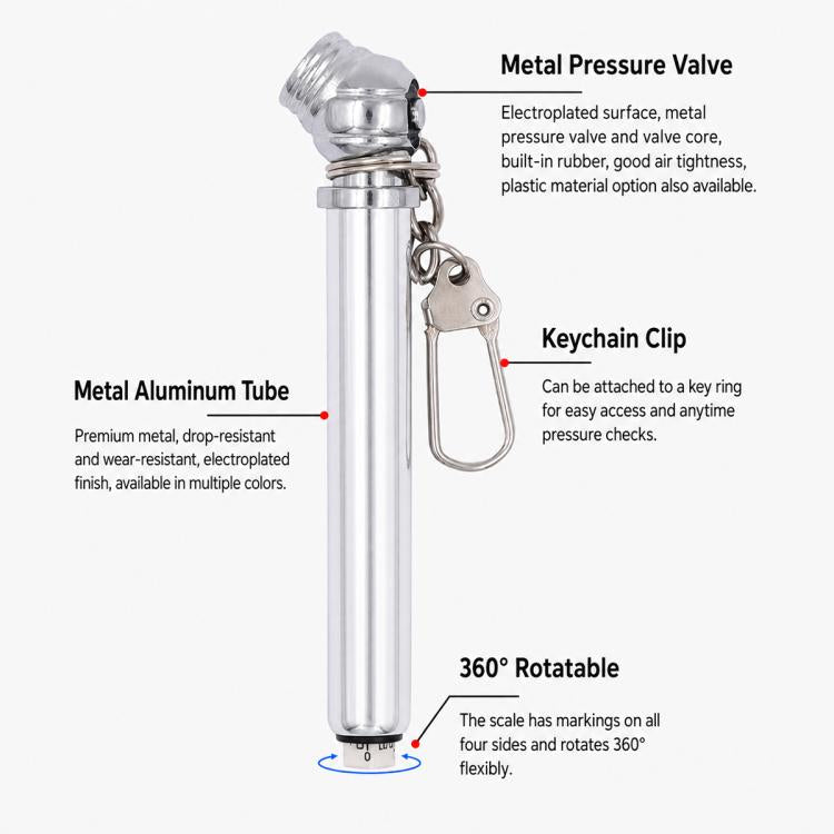 Metal tire pressure gauge pen with keychain clip and rotatable 360° scale markings