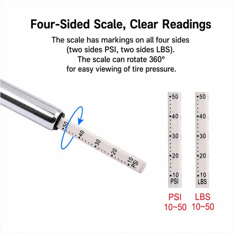 Four-sided tire pressure scale on metal gauge pen, PSI 10–50 and LBS 10–50