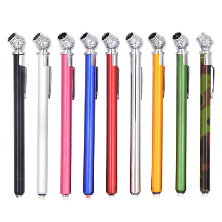 Set of portable tire pressure gauge pens with metal valve tips in multiple colors.