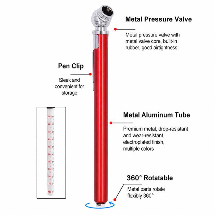 Red tire pressure gauge pen with metal pressure valve head and pen clip.