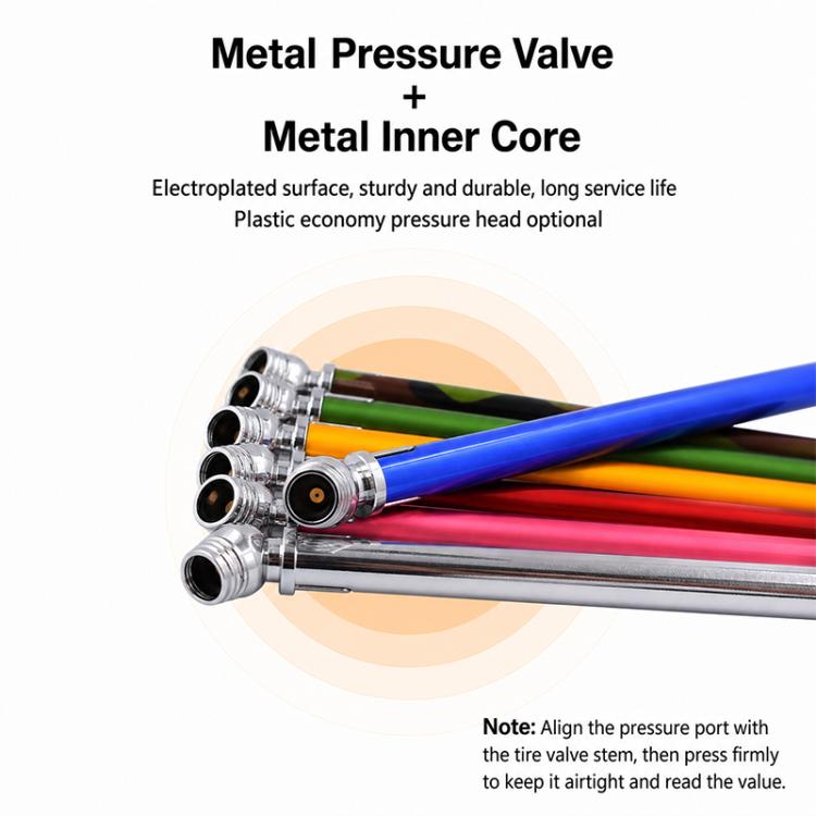 Metal tire pressure gauge valve end with inner core and multi-color tube bodies.