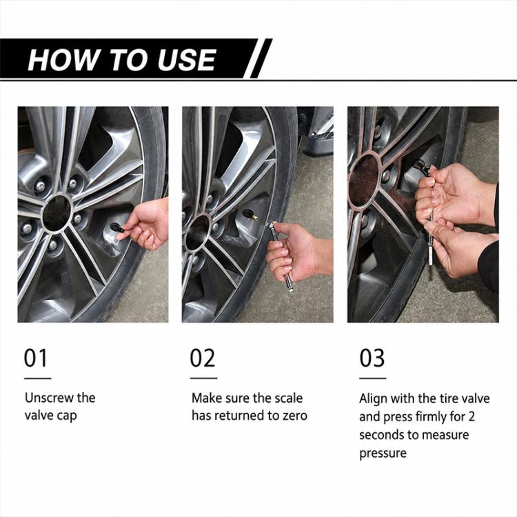 Tire pressure gauge pen showing steps for using the valve and reading pressure.