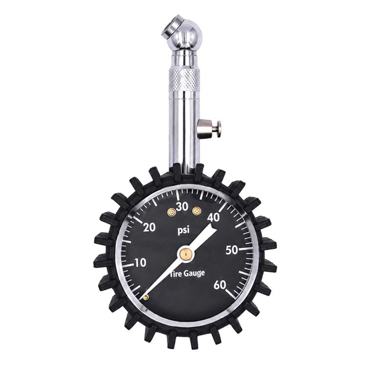 Silver metal tire pressure gauge with black dial, black gear-style protective cover