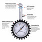 Tire pressure gauge with metal pressure valve, white dial, and black protective gear cover