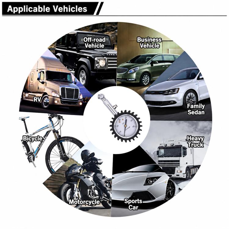 Mechanical tire pressure gauge with compatibility illustration for vehicles