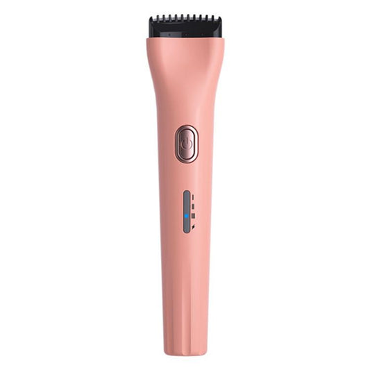 Pink rechargeable heated eyelash curler with black comb head and power button.