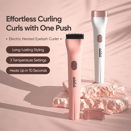 Pink heated eyelash curler device with black comb head and control panel.