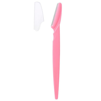 Pink eyebrow razor with white anti-cut safety guard and toothed blade edge.