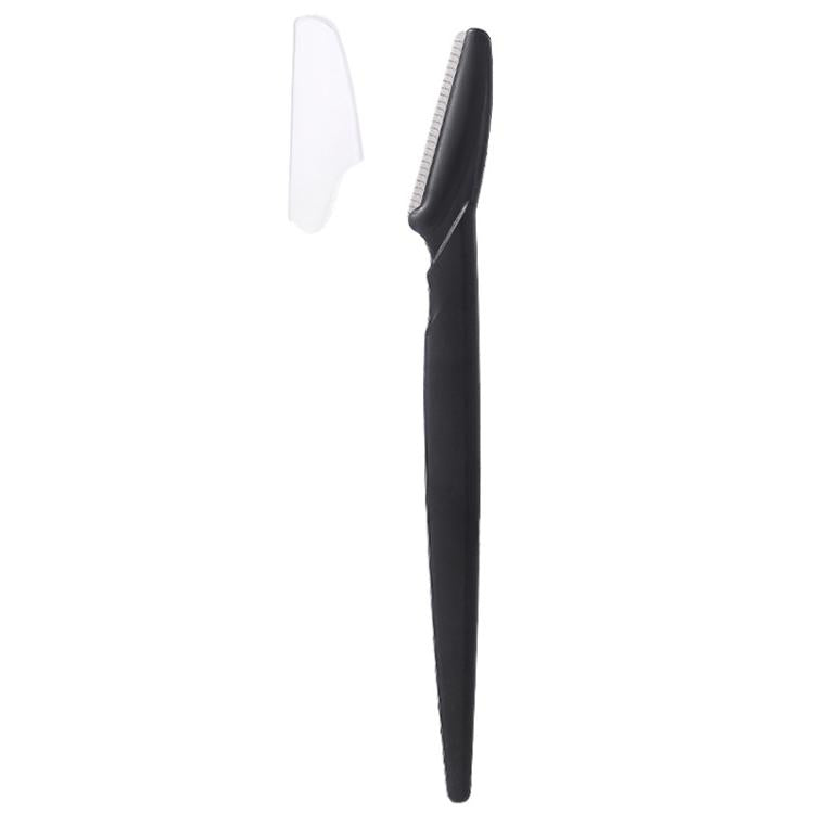 Black eyebrow razor with white anti-cut safety guard and toothed blade edge.