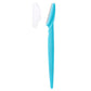 Blue eyebrow razor with white anti-cut safety guard and toothed blade edge.