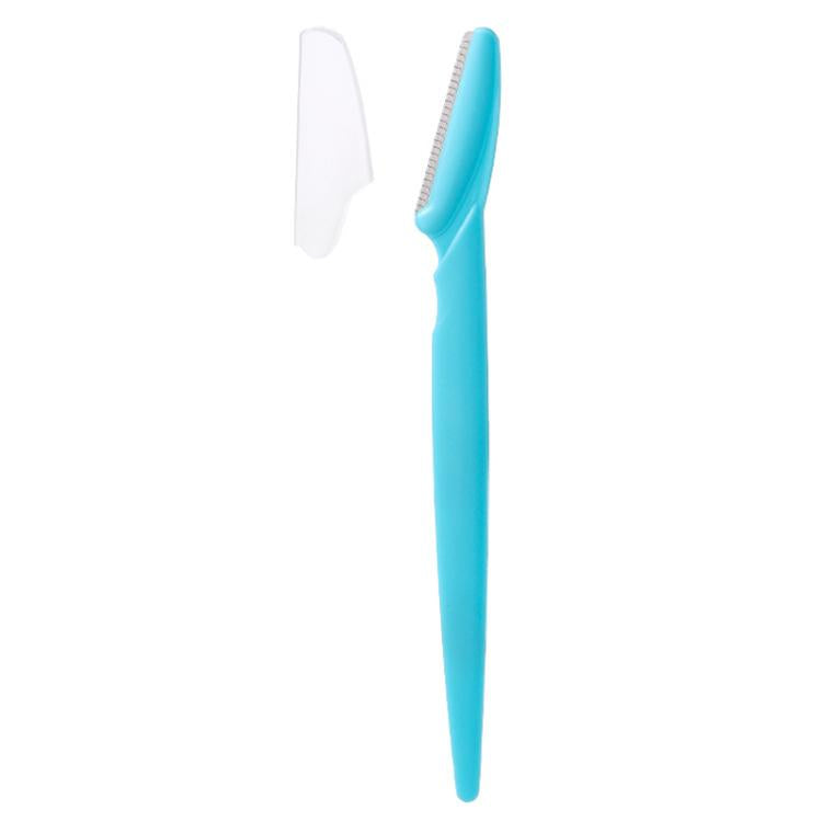 Blue eyebrow razor with white anti-cut safety guard and toothed blade edge.