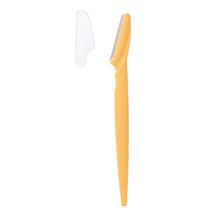 Yellow eyebrow razor with white anti-cut safety guard and toothed blade edge.