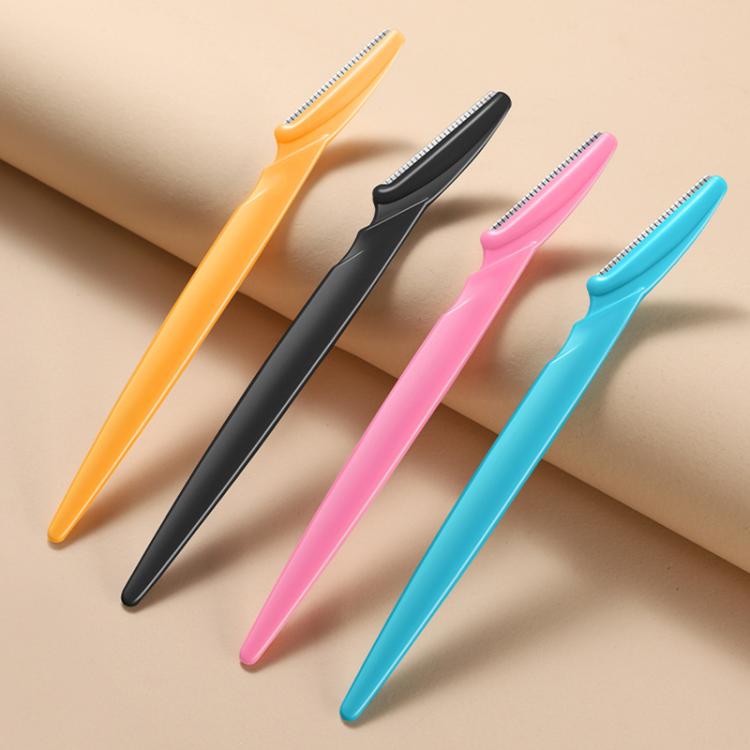 Set of colorful eyebrow razors with safety guards, including orange, black, pink, and blue.