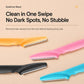 Eyebrow razors with safety guards in orange, pink, black, and blue, toothed blades visible.