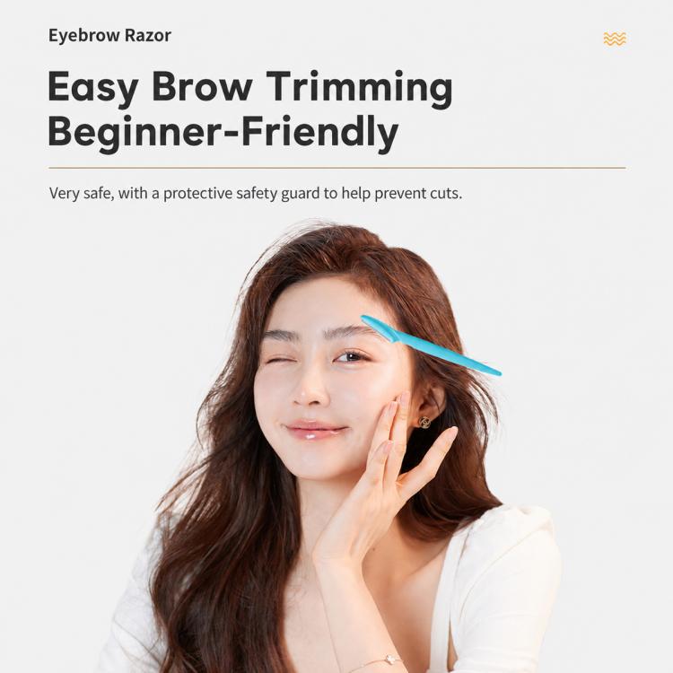 Person holding a blue eyebrow razor near the face, showing the safety guard.